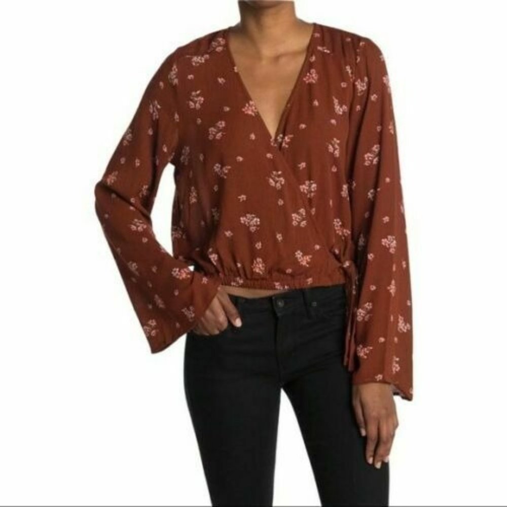 We my People Floral Surplice Top Crop Elastic Hem Brown & Pink Print Blouse XS